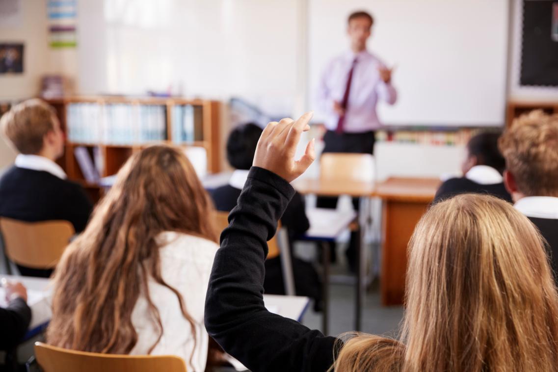 An image of a girl raising her hand in a classroom